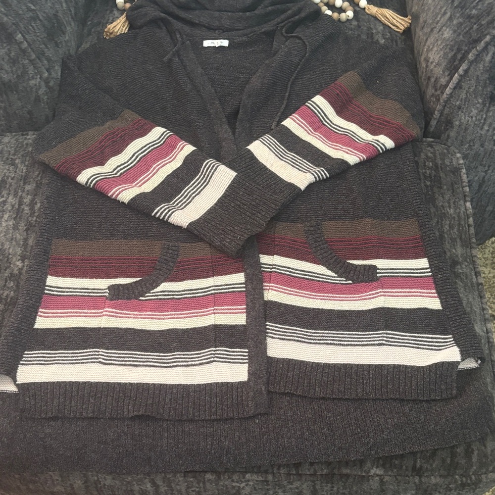 Striped Knit Cardigan with Pockets & Hood
